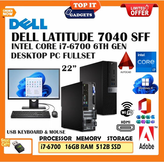 Dell Latitude 7040 SFF Desktop PC Full Set Core i7 6th Gen 16GB RAM 512GB SSD 22 Inch Monitor