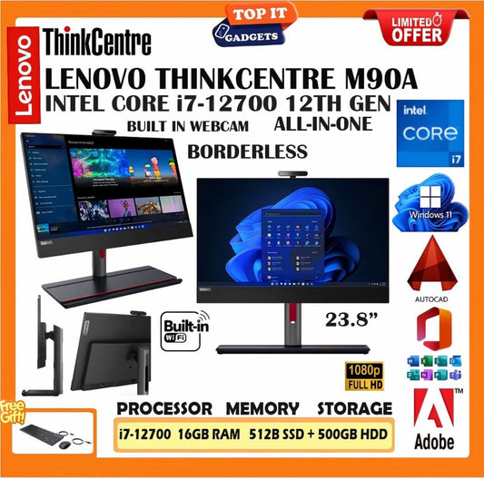 Lenovo ThinkCentre M90a All-in-One PC Core i7 12th Gen 16GB RAM 512GB SSD Plus 500GB HDD 23.8 Inch Full HD
