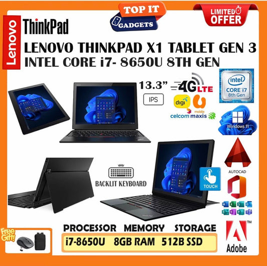 Lenovo ThinkPad X1 Tablet Gen 3 Core i7 8th Gen 8GB RAM 512GB SSD 13.3 Inch Touchscreen