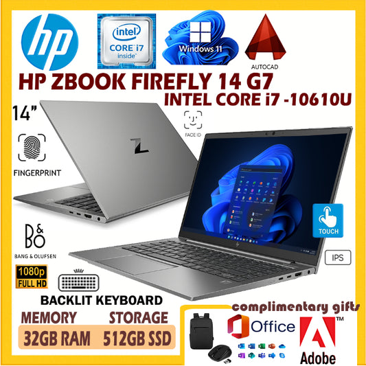 HP ZBOOK FIREFLY 14 G7 WORKSTATION TOUCHSCREEN - INTEL CORE I7-10610U 10TH GEN / 32GB DDR4 RAM / 512GB SSD STORAGE / WINDOW 11 PRO