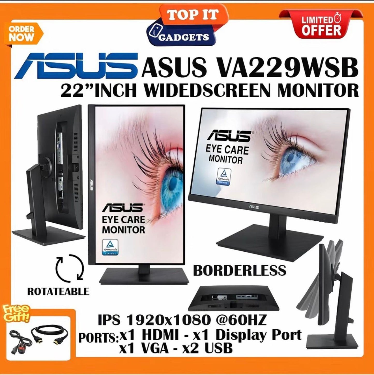 ASUS VA229WSB 22 Inch Widescreen IPS Monitor Borderless Rotatable Full HD