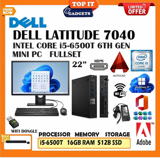 Dell Latitude 7040 Mini PC Desktop Full Set Core i5 6th Gen 16GB RAM 512GB SSD 22 Inch Monitor