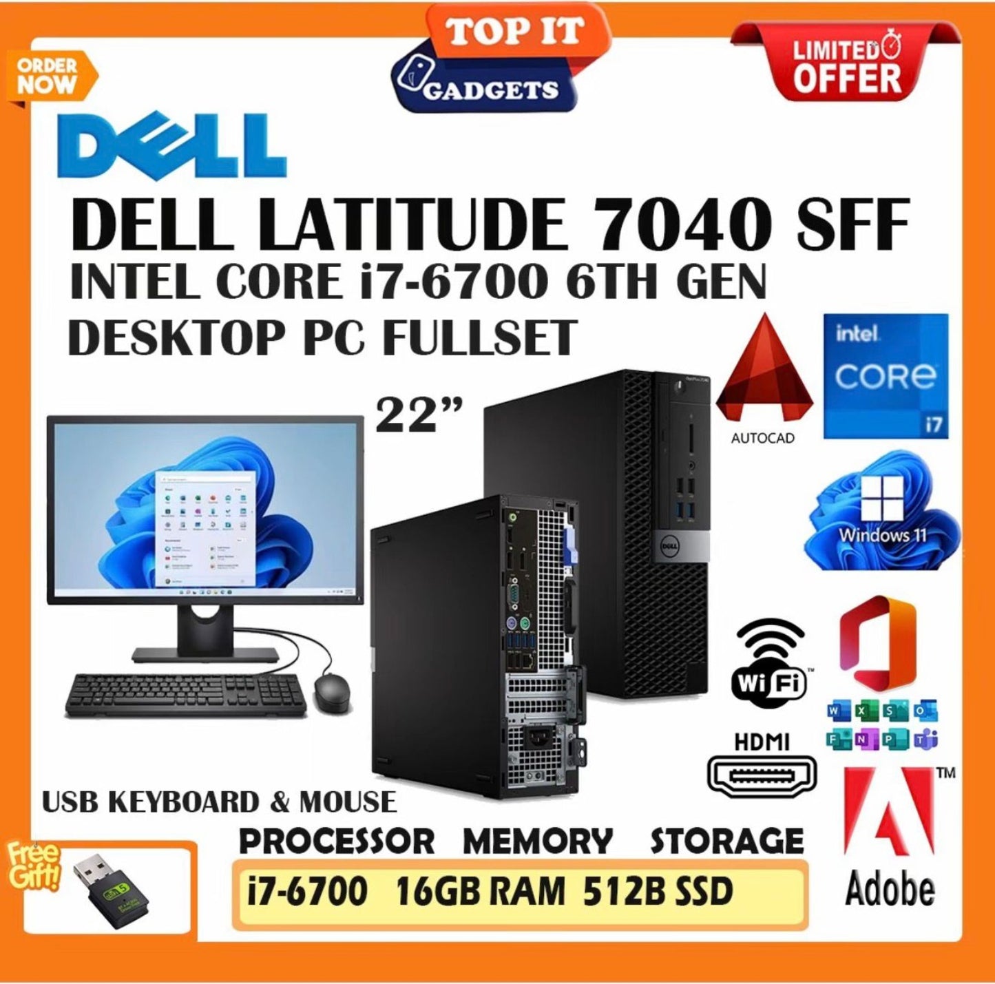 Dell Latitude 7040 SFF Desktop PC Full Set Core i7 6th Gen 16GB RAM 512GB SSD 22 Inch Monitor