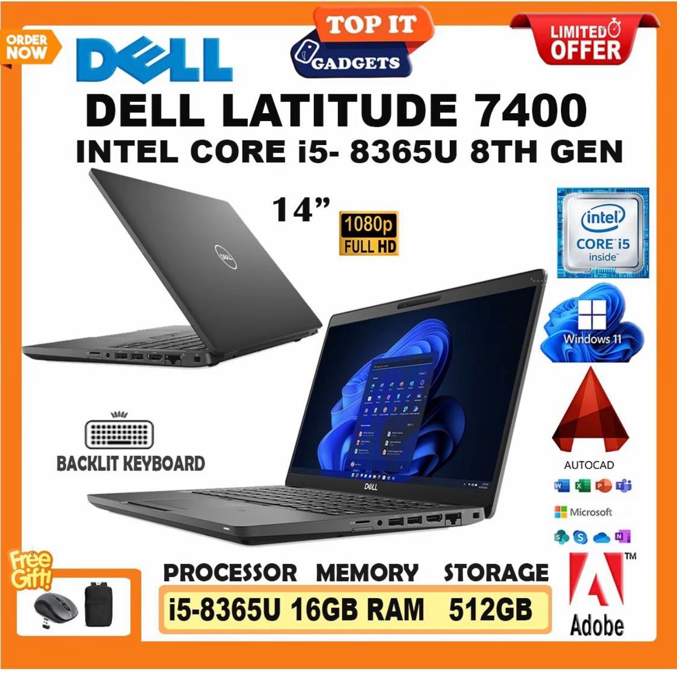 Dell Latitude 7400 Laptop Core i5 8th Gen 16GB RAM 512GB SSD 14 Inch Full HD