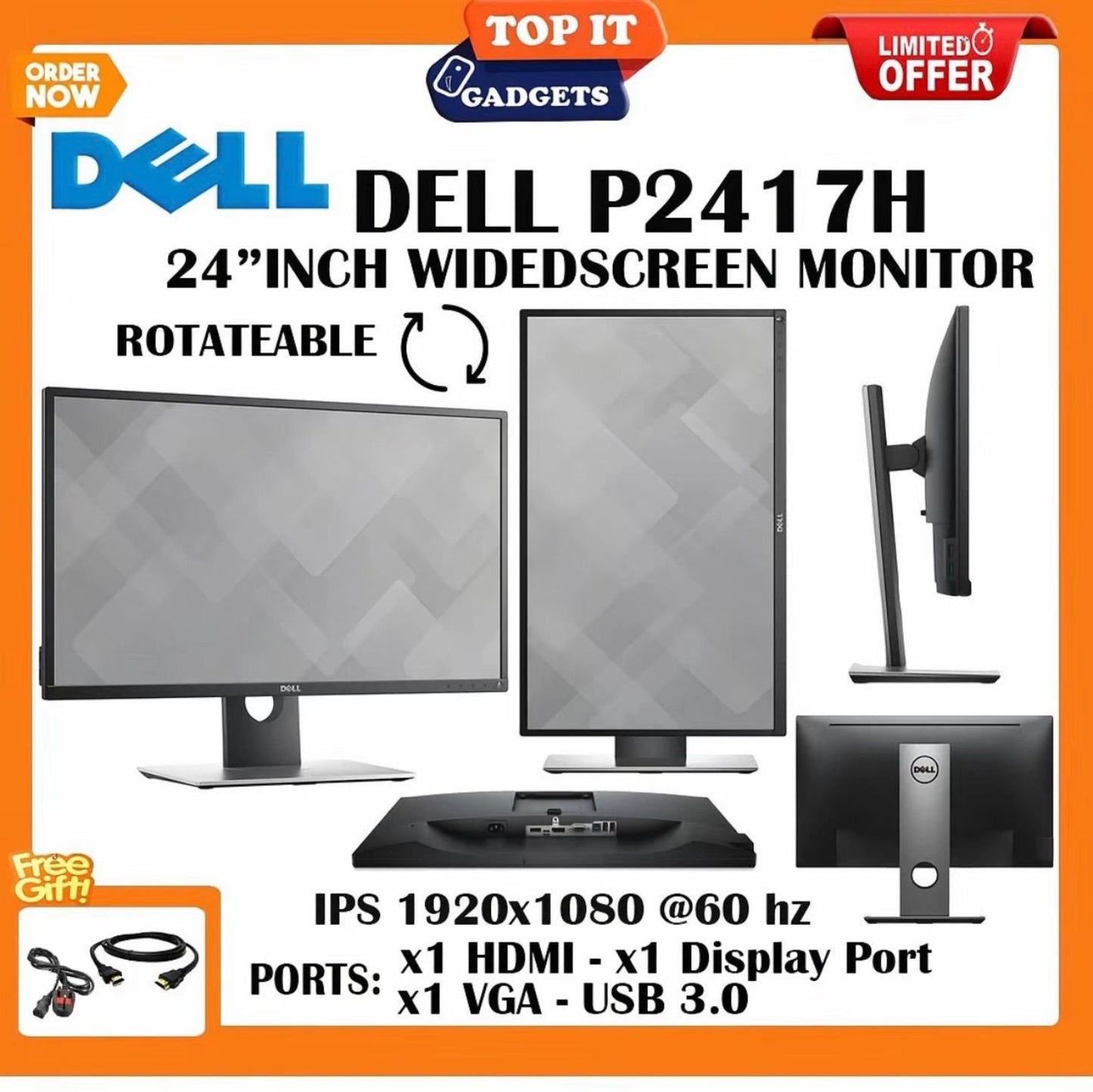 Dell P2417H 24 Inch Widescreen IPS Monitor Rotatable Full HD