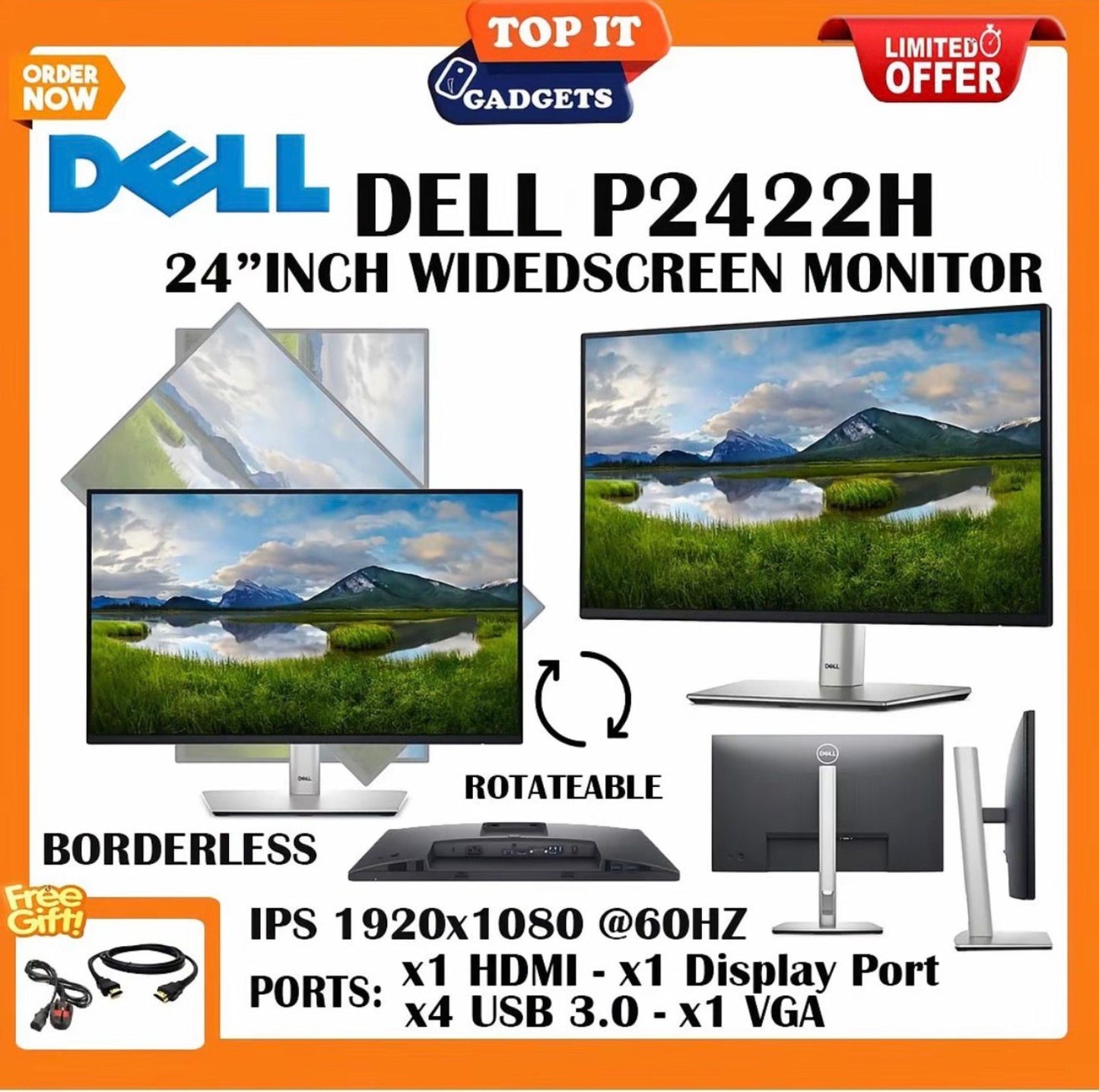 Dell P2422H 24 Inch Borderless IPS Monitor Rotatable Full HD