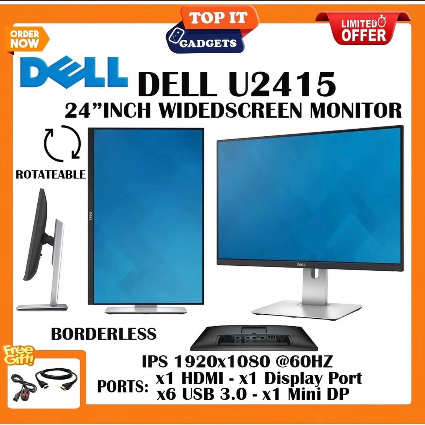 Dell U2415 24 Inch Widescreen IPS Monitor Borderless Rotatable