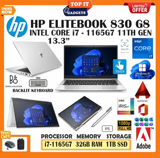 HP EliteBook 830 G8 Touchscreen Laptop Core i7 11th Gen 32GB RAM 1TB SSD 13.3 Inch Full HD