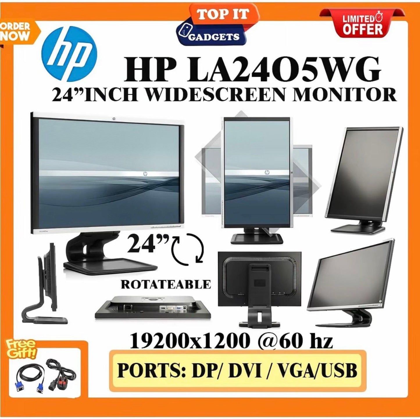 HP LA2405WG 24 Inch Widescreen Monitor Rotatable 1920x1200 Display