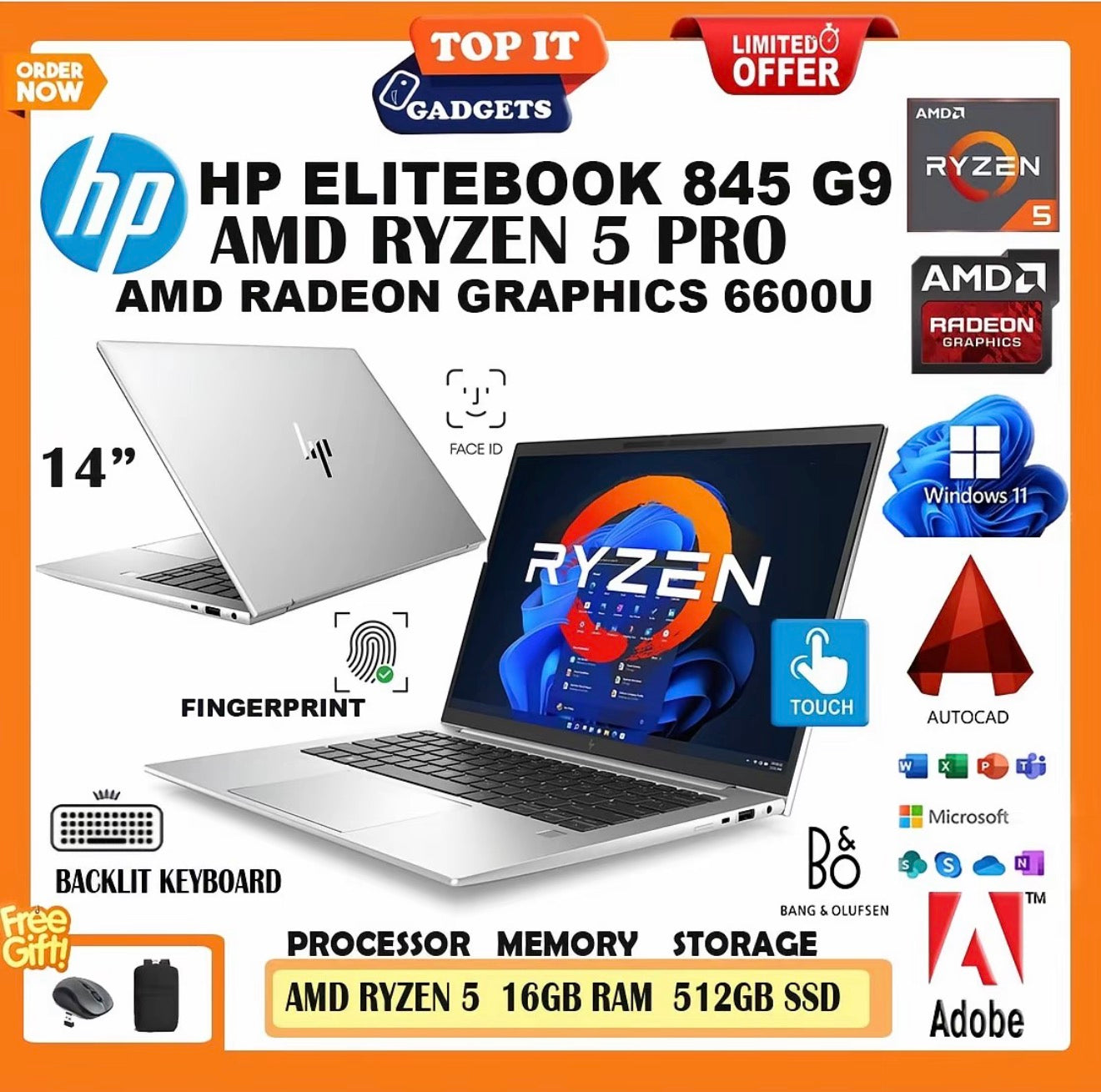 HP ELITEBOOK 845 G9 RYZEN 5 PRO AMD RADEON GRAPHICS- 6600U Touchscreen, 14" Inch 1080p Full HD, AMD Radeon Vega 8 Graphic, 16GB DDR5 RAM / 1TB SSD Storage, Backlit Keyboara, Window 11 pro [Laptop, Gaming, Business]