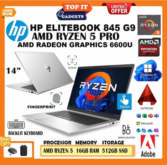 HP ELITEBOOK 845 G9 RYZEN 5 PRO AMD RADEON GRAPHICS- 6600U Touchscreen, 14" Inch 1080p Full HD, AMD Radeon Vega 8 Graphic, 16GB DDR5 RAM / 1TB SSD Storage, Backlit Keyboara, Window 11 pro [Laptop, Gaming, Business]