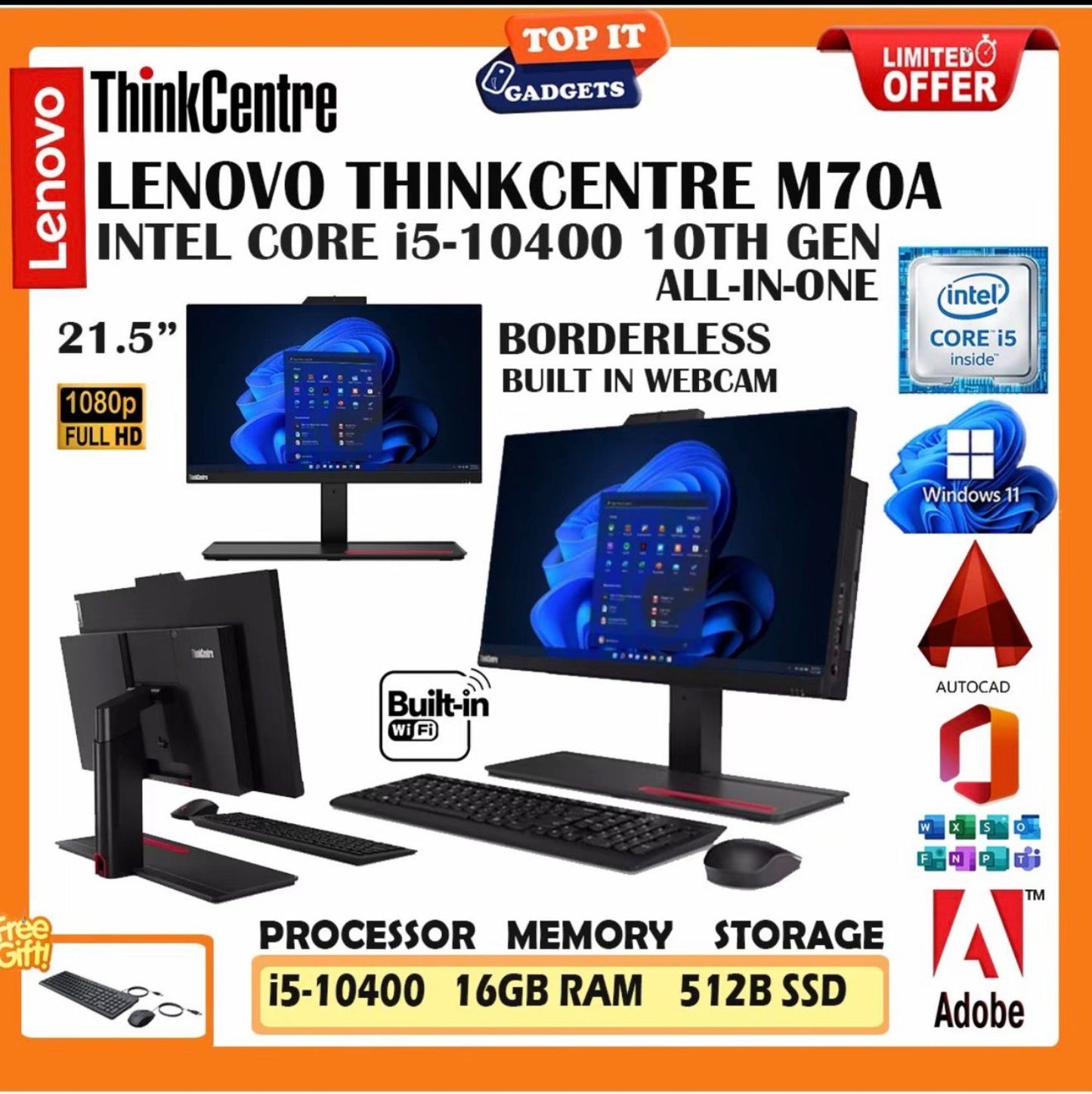 Lenovo ThinkCentre M70a All-in-One PC Core i5 10th Gen 16GB RAM 512GB SSD 21.5 Inch Full HD