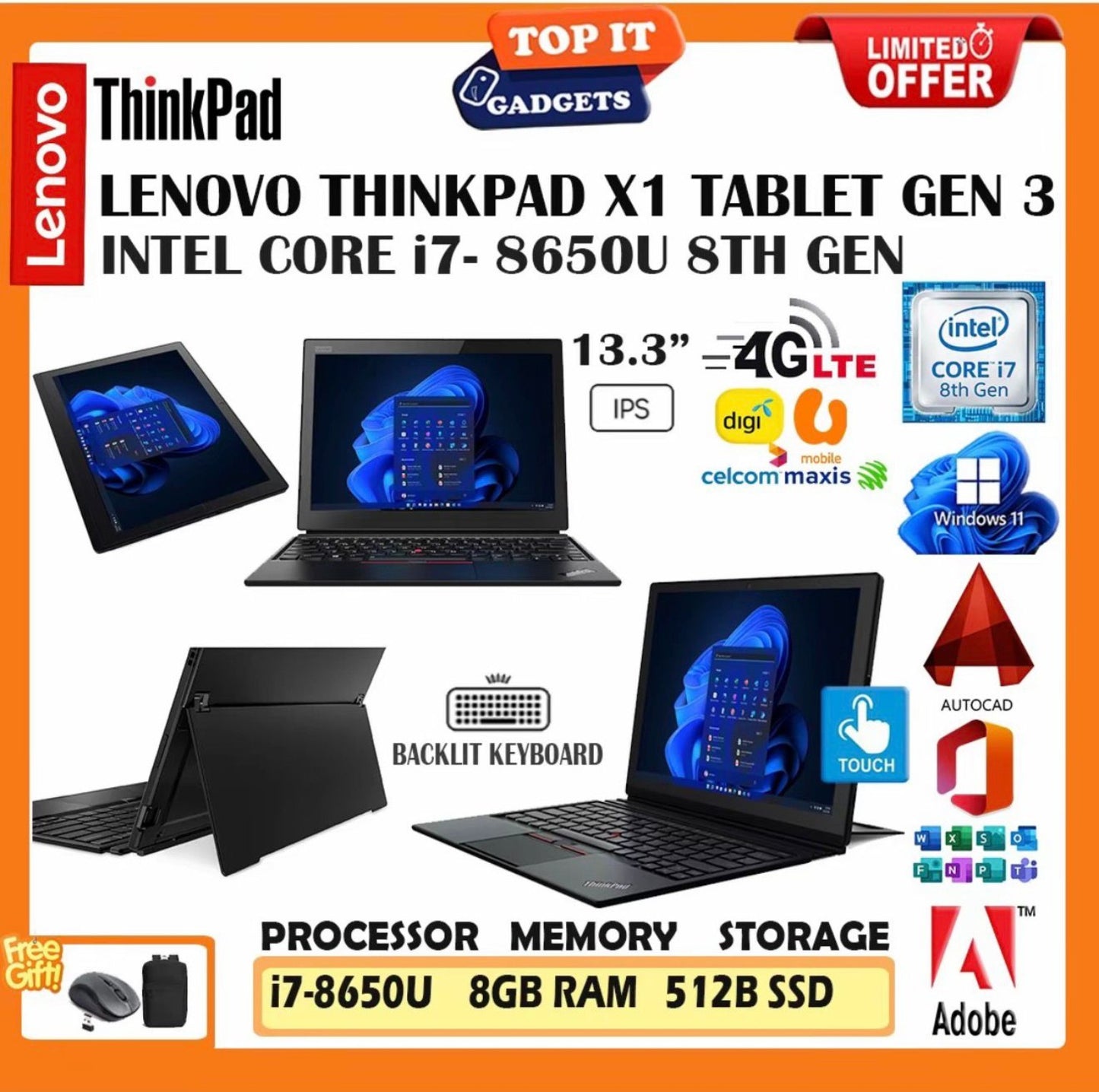 Lenovo ThinkPad X1 Tablet Gen 3 Core i7 8th Gen 8GB RAM 512GB SSD 13.3 Inch Touchscreen